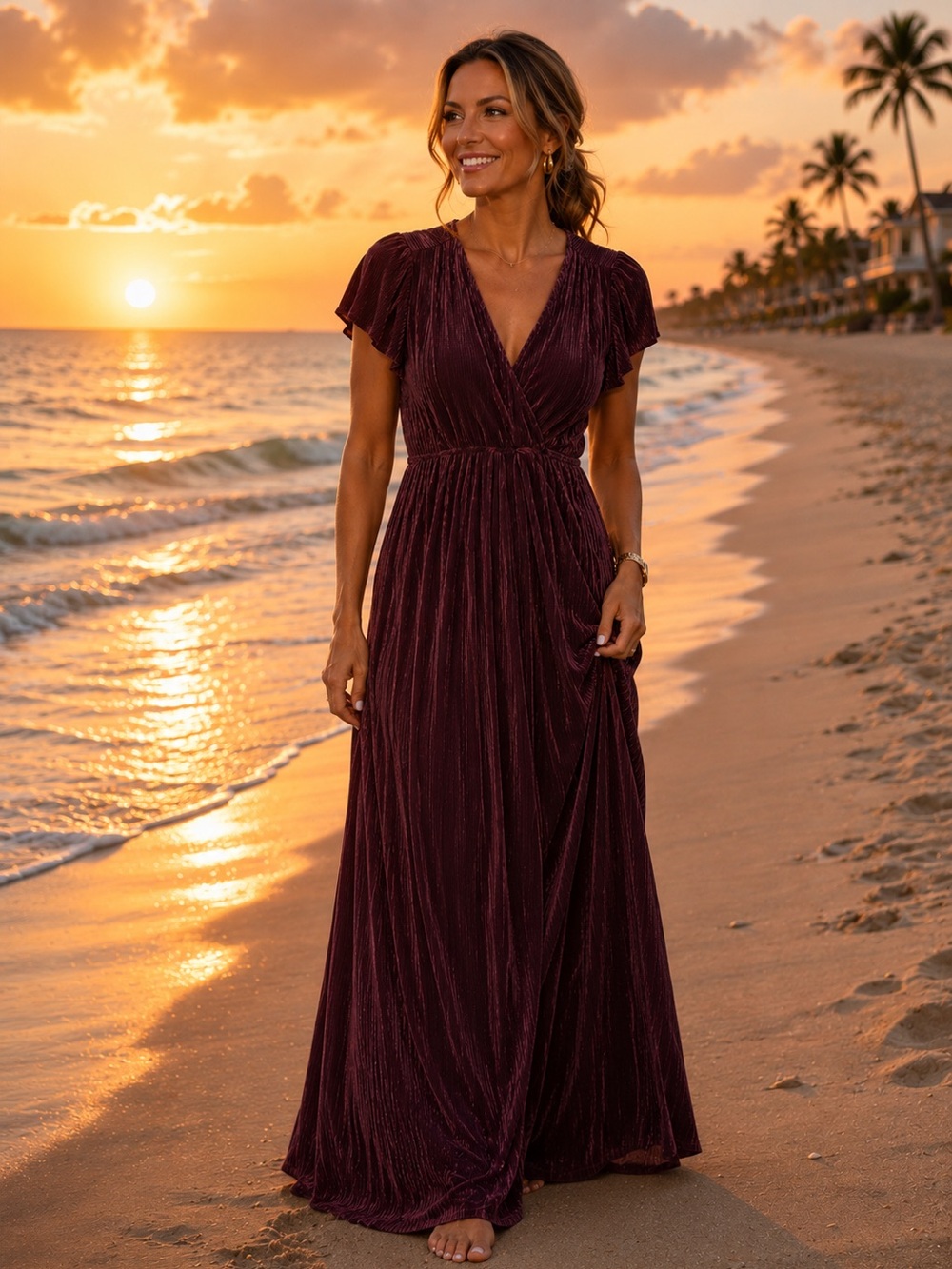 BALTIC BORN Elegant Plum V-Neck Faux Wrap Maxi Dress M